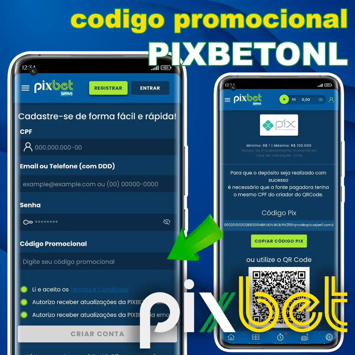 Utilizar um código promocional na aplicação Pixbet